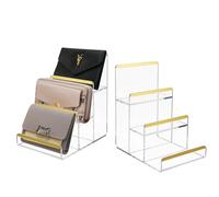 2 Pack 3-Tier Purse Display Stands, Acrylic Wallet Holder Risers Stand, 2-Inch Spacing Clear Clutch Rack Handbag Display Shelf, 4MM Thick Counter Wallet Organizer for Figure Sunglasses Retail Vendor