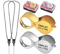 2 Pack 30X 21mm Small Pocket Triplet Jewelry Loupe Metal Folding Magnifying Glass Jewlers Loop with Attached Rope Straps Eye Glass Magnifier for Gems Coins Maps Stamps Currency Detect