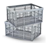 2 Pack 32 Litre Foldable Plastic Storage Crates Grey Collapsible Stackable Boxes For Home Garage Loft And Car Organisation