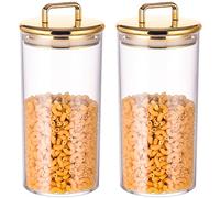 2 Pack 32 oz Large Acrylic Storage Apothecary Jar with Gold Airtight Lid | Bathroom Vanity Organizer Containers | Ideal Decorative Canisters for Shells, Bath Salt, Grains, Cotton Ball, Flossers
