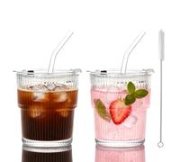 2 Pack -380ml Glass Tumbler with Lid and Straw , Ribbed Glass Cups, Leakproof Glass Cups, Iced Coffee Cup, for Iced Coffee, Cocktail, Tea, Smoothie, Iced Latte, Matcha, Cold Drinks (380ml-2Pack)