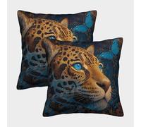 2 Pack 3D Jaguar, Blue Butterfly Cushion 3D Mexican Folk Art Soft Touch Pillowcase,sofa Chair Home Furnishings 40x40cm