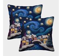 2 Pack 3D Knitted Village Under The Starry Sky 3D Image Printed Single-sided Cushion Cover 45x45cm