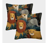 2 Pack 3D Lion, Cheetah, Tiger And Gray Elephant Theme Square Cushion Cover Decoration Hunting Pattern Pillow Cover Suitable for Home Sofa Bedroom Living Room 45x45cm
