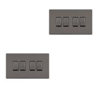 2 Pack 4 Gang Quad Light Switch SCREWLESS Black Nickel 2 Way 10A Slim Rocker - Decorative Kitchen Living Room Bedroom Plate