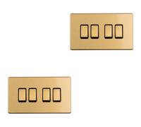 2 PACK 4 Gang Quad Light Switch SCREWLESS SATIN BRASS 2 Way 10A Slim Rocker