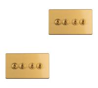 2 PACK 4 Gang Quad Retro Toggle Light Switch SCREWLESS SATIN BRASS 10A 2 Way