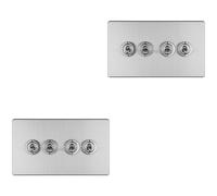 2 PACK 4 Gang Quad Retro Toggle Light Switch SCREWLESS SATIN STEEL 10A 2 Way