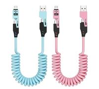 2 Pack 4 in 1 Coiled Car Charging Cable, 1.5m/65W Fast Charger Cord | Retractable Multi USB Charging Cable with Lightning, USB C, USB A Connectors, Supports CarPlay & Data Sync for Vehicles