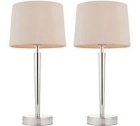 2 Pack | 40W E14 | 515mm Tall Modern Table Lamp Light, Built-in USB Charger | Bright Nickel Base & Mink Fabric Shade | Round Bedroom Bedside Sideboard Office Desk Reading Feature Lighting | LED