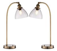 Loops 2 PACK Industrial Curved Table Lamp Antique Brass & Glass Modern Bedside Light in Clear Loops Clear