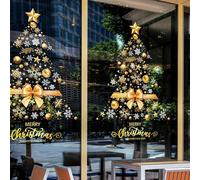 2 Pack 40x60cm Large Golden Christmas Tree Window Stickers, Star Snowflakes Window Clings, Merry Christmas and Happy New Year Static Stickers Decorations for Showcase Glass Party