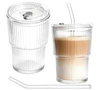 2-Pack 450ml Ribbed Cups with Lids and Straws, Embossed Drinking Set for Iced Coffee, Smoothies, Juice, Water - Reusable Tumbler Set for Home, Office and Gifts