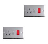 2 PACK 45A DP Oven Cooker Switch & 13A Switched Power Socket CHROME & GREY Trim