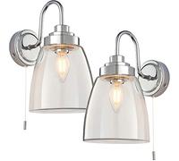 2 Pack | 4W LED E14 | IP44 Rated Bathroom Wall Light | Chrome & Domed Round Clear Glass Shade | Curved Fitting | Modern Curved Arm Hanging Lamp | Moisture Resistant Shower/Wet Room Lighting