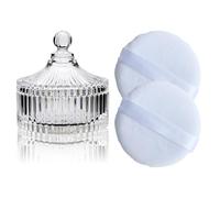 2 Pack 5.2'' White Powder Puffs and 5.3'' Glass Powder Container - Oversized Soft Body & Face Puff,Large Powder Puff for Body Powder,Dusting Powder Jar Holder Case with puff(Clear)