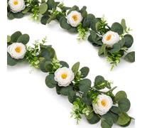 2 Pack 5.6FT Eucalyptus Garland with White Roses, Artificial Flowers Greenery Vine for Wedding Decorations Flower Arch Table Centre Piece Home Decoration