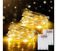 2 Pack 50 LEDs Fairy String Lights Battery Operated, 5M/16.4ft Silver Copper Wire Lights, Waterproof String Light, Indoor Decoration for, Birthday Wedding Festival Party Christmas Tree( Warm White)