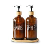 2 Pack 500ml Amber Glass Soap Dispensers with Bamboo Tray - Refillable Hand & Dish Soap Dispenser Set for Kitchen Countertop and Bathroom, Shampoo Lotion Bottles with Pump