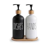2 Pack 500ml Black & White Glass Soap Dispensers with Bamboo Tray - Refillable Hand & Dish Soap Dispenser Set for Kitchen Countertop and Bathroom, Shampoo Lotion Bottles with Pump