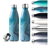 2 Pack 500ml Insulated Stainless Steel Water Bottle, Sleek Bottles, Keeps Hot & Cold, 100% Leakproof, Sweat Proof Bottles, Great for Travel, Picnic & Camping (Exquisite Blue Marble)