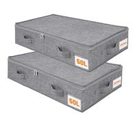 2 Pack 50L UnderBed Storage Box with Lid, Foldable Linen Storage Box with Sturdy Sidewalls/Bottom, Under Bed Drawers with 4 Handles for Clothes, Blanket, Shoes