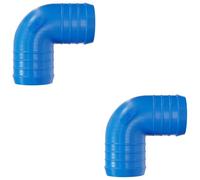 2 Pack 50mm 90 Degree Barbed Plastic Hose Elbow Joiner Connector Blue | 3D printed ABS, made in the UK | Ribbed barbs for a secure grip | -20°C to +105°C | Matte finish