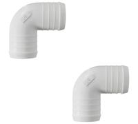 2 Pack 50mm 90 Degree Barbed Plastic Hose Elbow Joiner Connector White | 3D printed ABS, made in the UK | Ribbed barbs for a secure grip | -20°C to +105°C | Matte finish