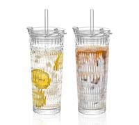 2-Pack 530ml Raindrop-Pattern Glass Tumblers with Leakproof Lids & Straws - Premium Glass Set for Iced Coffee, Smoothies & Juice, Dishwasher Safe, Ideal for Home/Office/Parties & Present Giving
