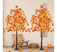 2 Pack 5FT Artificial Lighted Maple Tree, Thanksgiving Decor Artificial Tree with Timer, 200 LED Warm White Light up Fall Maple Tree for Indoor Outdoor Halloween Autumn Home Party Decoration, Orange