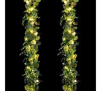 2 Pack 6 ft Artificial Eucalyptus Garland with Lights Spring Garland with 20 LED Fairy String Lights Fake Eucalyptus Greenery Leave Vine Wedding Decor for Fireplace Mantel Table Indoor Outdoor