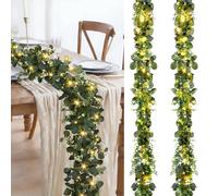 2 Pack 6 ft Artificial Eucalyptus Garland with Lights Spring Summer Green Faux Garlands Fake Eucalyptus Greenery Leave Vine Garland for Wedding Party Indoor Outdoor Home Table Fireplace Mantel Decor
