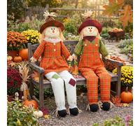 2 Pack 60" Large Scarecrow Thanksgiving Fall Sitting Scarecrow, Plaid | Halloween Scarecrow Decoration Outdoor Fall Life Size Scarecrows Thanksgiving Autumn Harvest Decoration for Garden Yard Porch