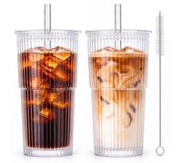 2-Pack 600 ml Ribbed Iced Coffee Cups with Lids and Straws, Glass Tumbler | Leakproof Reusable Glass Cups with Straw and Lid, Dishwasher Safe, for Iced Coffee, Latte, Smoothie, Juice, Tea and Water