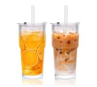 2-Pack 600ml Ribbed Glass Tumblers with Leakproof Lids & Straws - Lead-Free Premium Glass Set for Iced Coffee, Smoothies & Juice, Dishwasher Safe, Ideal for Home/Office/Parties/Car & Present Giving