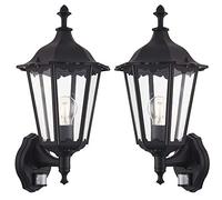 Loops 2 PACK IP44 Outdoor PIR Light Matt Black & Glass Traditional Wall Lantern Motion Loops Black