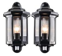2 Pack | 60W E27 GLS | IP44 Rated Outdoor Wall Light | Satin Black & Clear PC PIR Half Lantern | Traditional Porch Path Motion Sensor Detect Lamp | Moisture Resistant External Outdoor | LED Dimmable