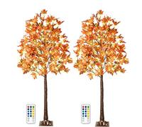 2 Pack 6FT 130 LED Lighted Maple Tree - Thanksgiving Decor Artificial Fall Tree with 13 Branches, 13 Acorns 260 Leaves, Remote 8 Modes, Timing, DC 5V Safe for Outdoor Wedding Party Autumn Decor