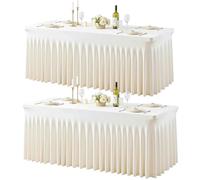 2 Pack 6ft Ivory Spandex Table Cloths for Rectangle Tables Wrinkle Free Ivory Rectangle Tablecloths Stretch Fitted 6 foot Table Cover with Skirt for Wedding Birthday Party Banquet Baby Shower Buffet