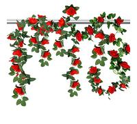 2 Pack 7.2FT Artificial Rose Garland, Artificial Flower Vine Hanging Rose Garlands for Outdoor Indoor Wedding Wall Badroom Decoration (Red)