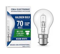 2 Pack 70W Halogen Energy Saver Bulbs - Eco Classic Clear Glass Bayonet B22 BC Cap - Warm White 2700K Light - Instant Full Brightness - Long Life Replacement for 60 w Traditional Bulb