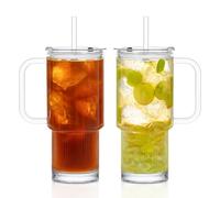 2-Pack 768ml Ribbed Glass Tumblers with Leakproof Lids & Straws - Lead-Free Premium Glass Set for Iced Coffee, Smoothies & Juice, Dishwasher Safe, Ideal for Home/Office/Parties/Car & Present Giving