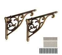 2 Pack 8 Inch Shelf Brackets, Antique Brass Shelf Brackets,Metal Bracket for Shelves Ornate Heavy Duty Decorative Wall Brackets for Shelves(2, Antique Brass)