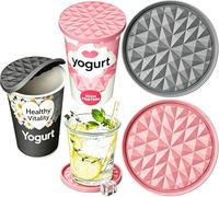 2 Pack 9.5cm Silicone Yoghurt Pot Lids, Reusable Yogurt Covers & Fridge Food Savers, 2-in-1 Flip to Coaster Airtight Seal for Cream Quark Pots, BPA Free Dishwasher Safe Gray/Pink