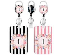 2 Pack A-Z Letter ID Badge Holder with Clip Badge Reels Retractable Heavy Duty,Keychain，ID Holder for School Nurse Office Black&Pink Stripe I
