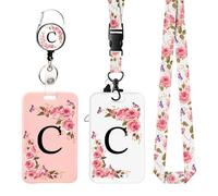 2 Pack A-Z Letter Lanyard with Card Holders, Personalized Card Holders with Retractable Badge Reels and Detachable Lanyard Straps for Women Nurse Teacher Student School Office (C)