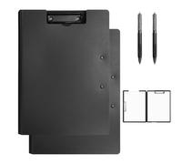 2 Pack A4 Clipboards with Double Clips, Foldover Clipboard with Cover, Includes 2 Black 0.5mm Pens, Plastic Document Folder, Office Supplies for School Office Business, Black