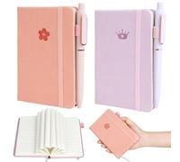 2 Pack A6 Notebooks, Pocket Notebook with 2 Pens, 192 Pages Hardcover Leather A6 Notepad with Pen Loop and Ribbon, Cute Flower and Crown Shaped Pocket Diary for Work, School, Business (Pink, Purple)