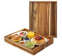 2 Pack Acacia Wood Serving Trays Set, Decorative Ottoman Trays, 40x30 cm | Rustic Wooden Serving Platter, Built-in Handles, Rectangular, for Breakfast, Living Room Coffee Table Couch Bar Party Display