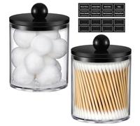 2 Pack Acrylic Qtip Holder Dispenser for Cotton Swabs, Balls, Pads, Floss - Plastic Canister Apothecary Jar Set, Bathroom Essentials Accessories Decor Vanity Makeup Storage Organizer - Clear & Black